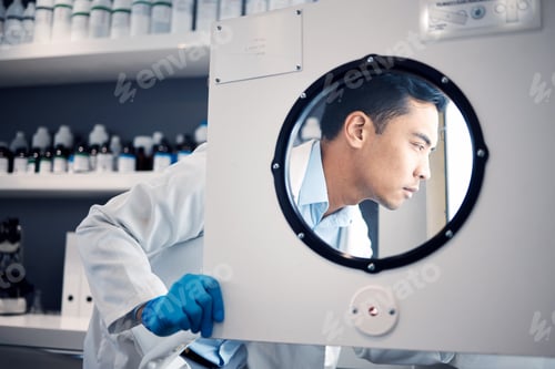 Preview: Scientist, man and science laboratory incubator for research, chemistry experiment and biotechnolog