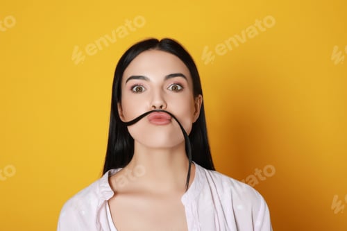 Vista previa: Funny woman making fake mustache with her hair on yellow background