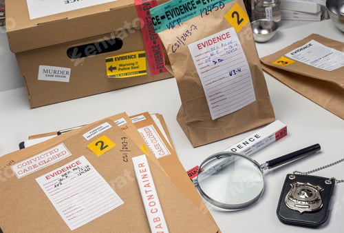 Preview: Files and evidence bag in a crime lab, conceptual image