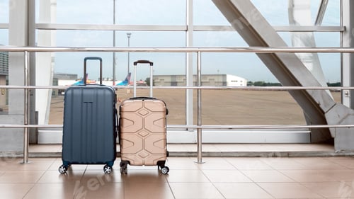 Preview: Shot Of Two Stylish Suitcases Standing Near Window At Empty Airport