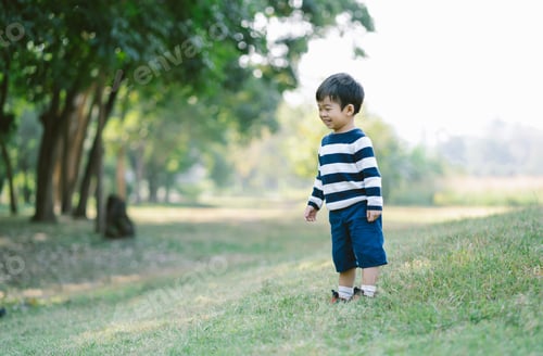Preview: Asian little boy standing and laughing while playing on a walk in the park.