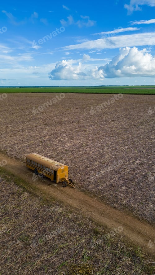 Preview: Aerial view of a broken-down yellow bus on a trail through a sugar cane plantation