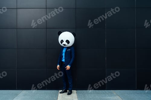 Preview: Storytelling image of a business man wearing a giant panda head