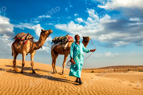 Preview: Cameleer camel driver with camels in dunes of Thar desert