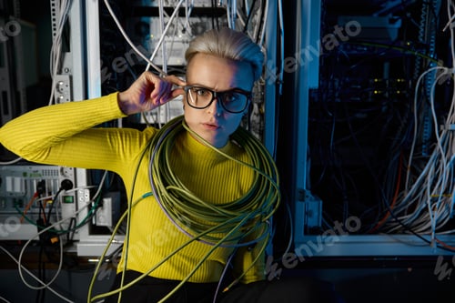 Preview: Portrait of tired overwhelmed female IT engineer at server room
