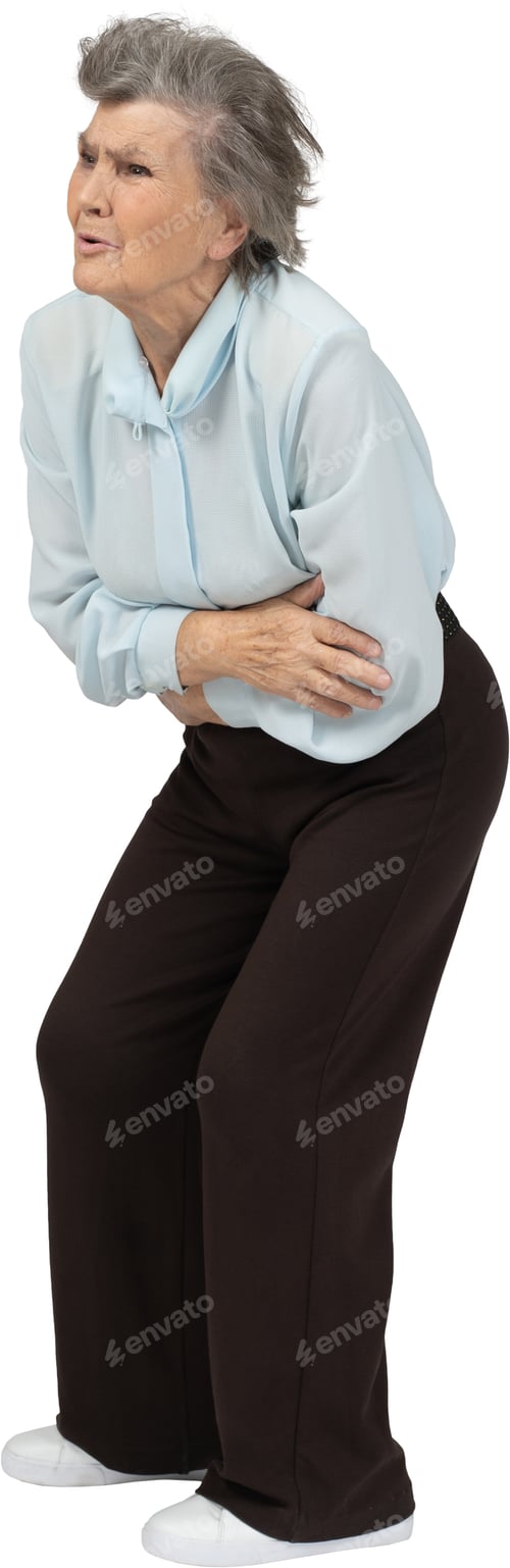 Preview: an older woman sitting on a stool with her hands on her stomach
