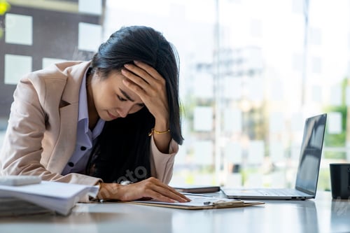 Preview: Asian businesswoman stressed and worried about this year's marketing plan Accounting real estate age