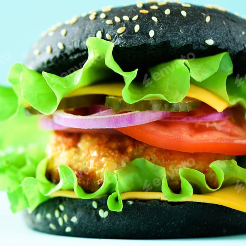 Preview: Fast food concept. Square crop. Juicy homemade hamburgers on blue background. Take away meal