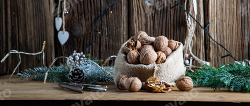 Preview: festive christmas nuts tumbling from a burlap bag