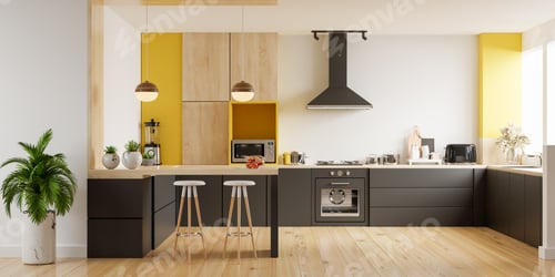 Preview: Modern kitchen interior with furniture.Stylish kitchen interior with yellow wall.