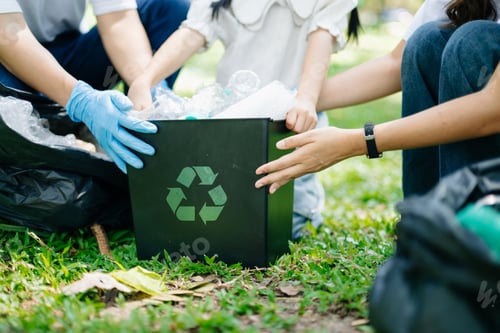 Preview: Woman's hand picks up plastic waste for cleaning into recycle bag for cleaningat the park. Clearing,