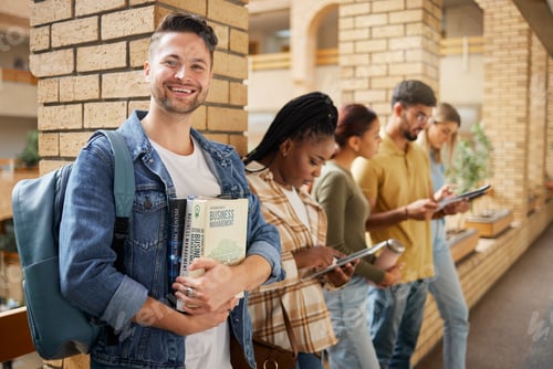 Preview: University, hallway and portrait of man and students standing in row together with books and tablet