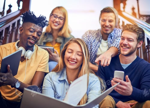 Preview: Cropped shot of a group of diverse university students working together on the staircase on campus