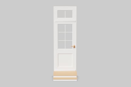 Front view of a white door with a golden handle and a window.