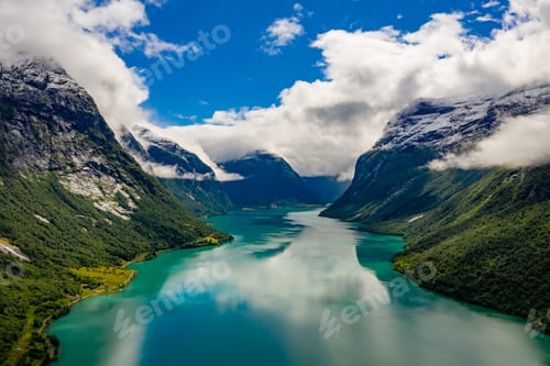 Preview: Beautiful Nature Norway natural landscape. lovatnet lake Lodal valley.
