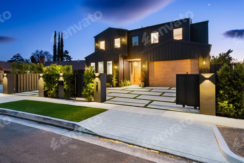 Preview: Modern luxury house exterior at twilight