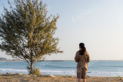 Preview: Woman standing on beach watching sunset
