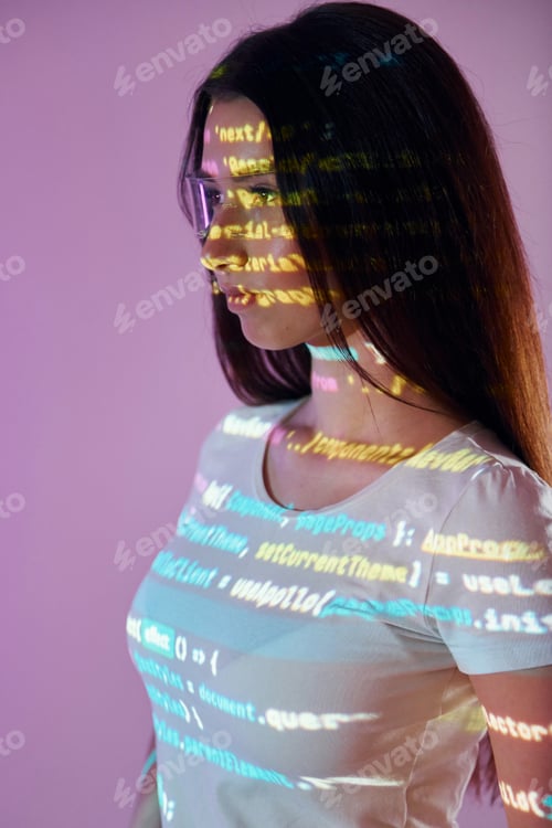 Preview: Front end programming language's scripts. Beautiful young woman is in projector neon