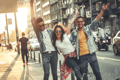 Preview: Group of friends hangout at the city street.