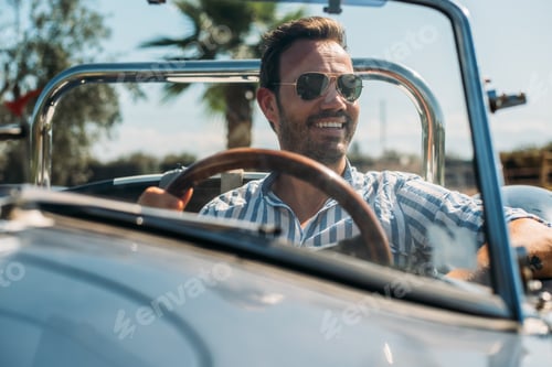 Preview: Man driving a convertible vintage car
