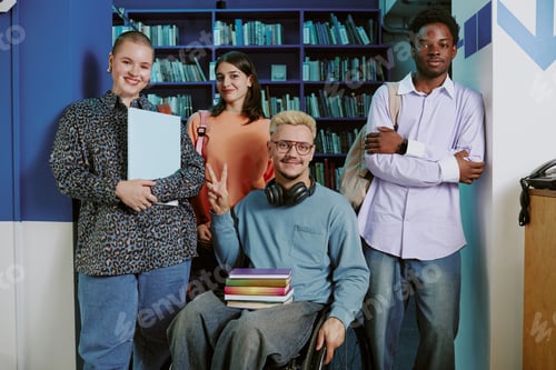 Preview: Smiling Diverse Students Posing in Library Setting