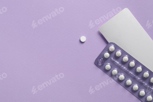 Preview: Blister of contraceptive pills and package on lilac background, top view. Space for text
