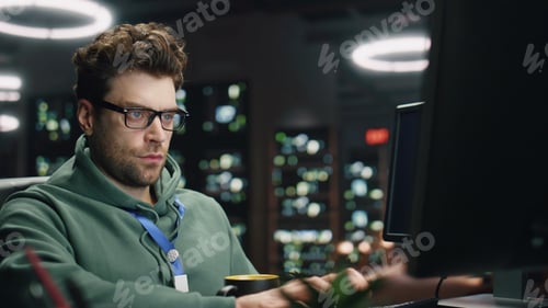Preview: Focused man coding computer keyboard night datacenter closeup. Programer working