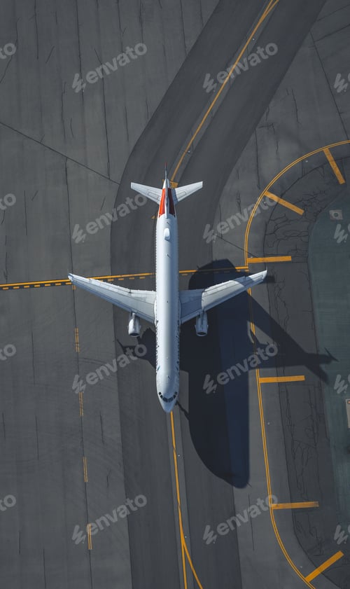 Preview: Top-down aerial view of an American Airlines jet taxiing in Boston, on a sunny day