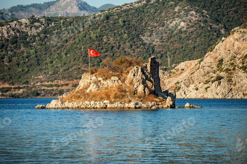 Preview: Small island in a large lake with the flag of Turkey