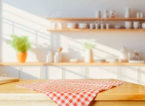 Preview: Wood table top on blurred kitchen background.