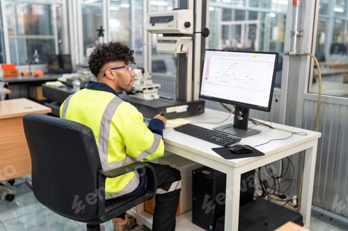 Preview: Engineer sitting in robot electronic room use computer create process analogue and logic diagram