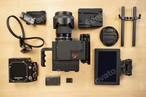 Preview: Overhead view of filming equipment arranged on table