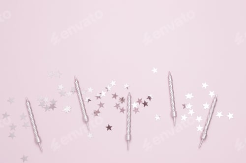 Preview: Blank card surrounded by confetti and candle. Concept of festive birthday celebrations