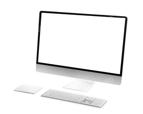 Preview: Modern computer with blank monitor screen and peripherals on white background