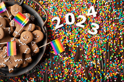 Preview: New year background of tray with gingerbread cookie men, rainbow flags and color sprinkles