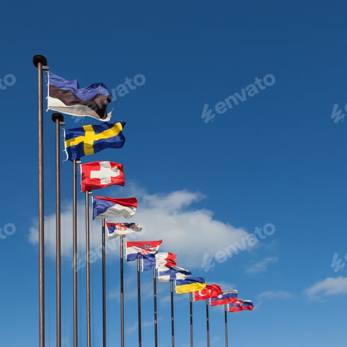 Preview: National flags of the European countries against the blue sky