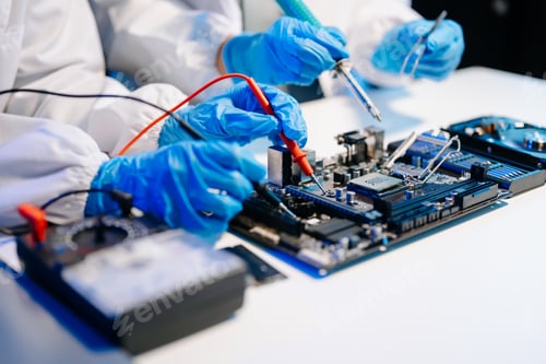 Preview: The technician is putting the CPU on the socket of the computer motherboard. electronic engineering
