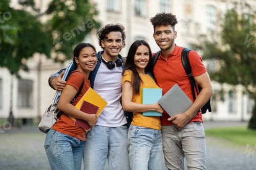 Preview: University Life. Group Of Happy Multiethnic Students Posing Together Outdoors