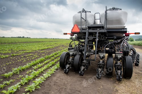 Preview: Presentation of agricultural machinery, new powerful seeder, rear view.