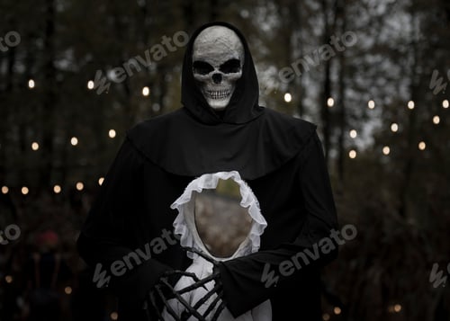 Preview: Halloween decoration, scary demonic figure standing on ghosts background