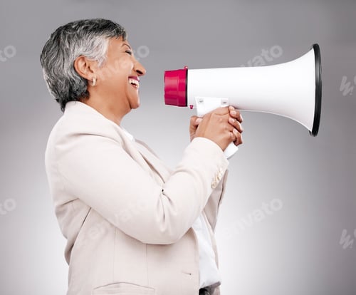 Preview: Business woman, megaphone and voice of news, broadcast or sale and announcement on a white backgrou