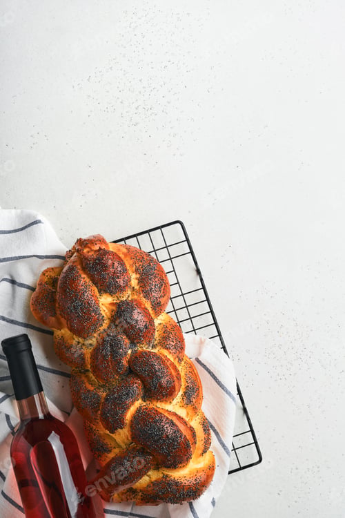 Preview: Challah bread. Sabbath kiddush ceremony composition. Freshly traditional baked homemade braided chal