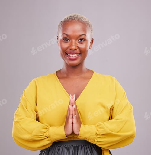 Preview: Woman, prayer hands and portrait in faith, religion and hope or thank you for career opportunity on