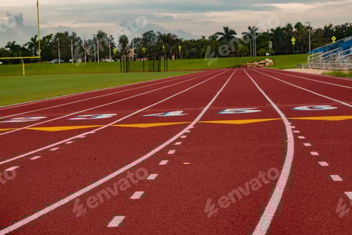 Preview: A closeup of a red high school track and a field