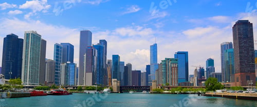 Preview: Panoramic view of Chicago skyline on Lake Michigan against blue sky on a sunny day in Illinois, USA
