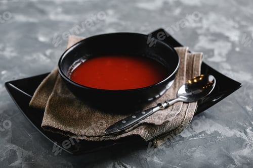 Preview: Tomato soup in a black bowl on a gray stone background. View from above. Copy space. Gray background