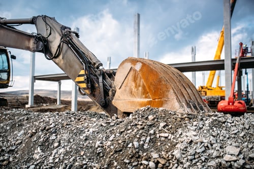 Preview: Close up details of heavy machinery excavator. Industrial scoop of excavator working on site