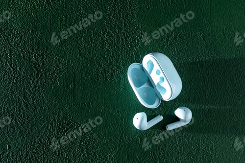 Preview: Wireless headphones on green background. Wireless, headphone in charging box.