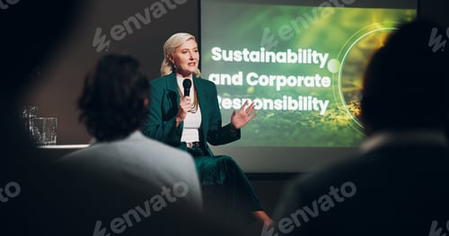 Preview: Speaker, woman and presentation for corporate responsibility or innovation seminar for employees. G