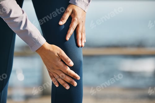 Preview: Knee pain, hands and running injury, fitness outdoor and person with medical emergency and inflamma